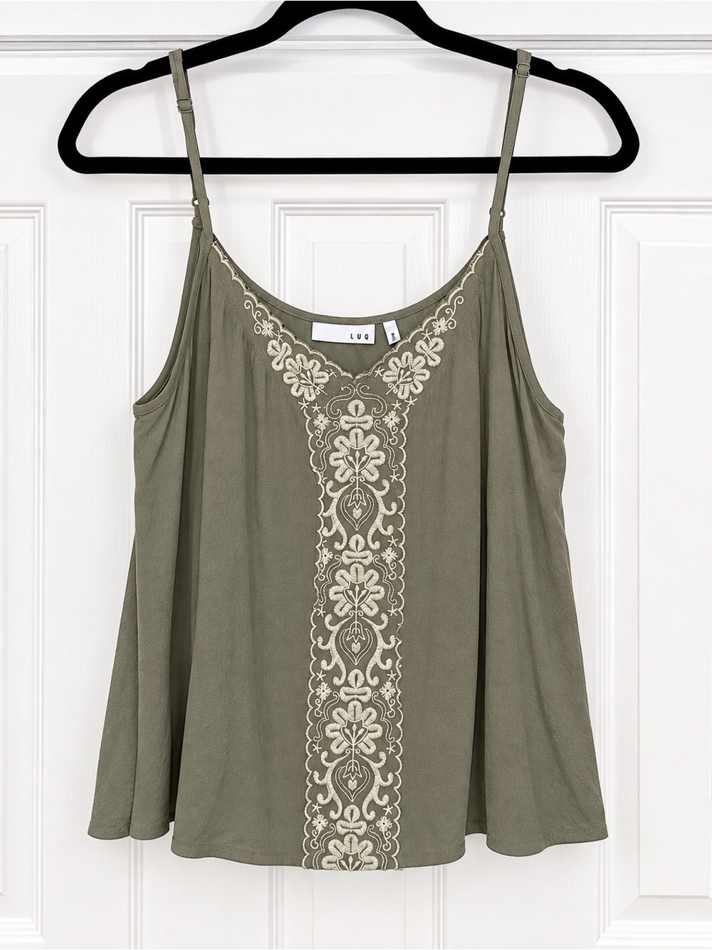Urban Outfitters Olive Green Spaghetti Strap Tank with Cream Embroidery